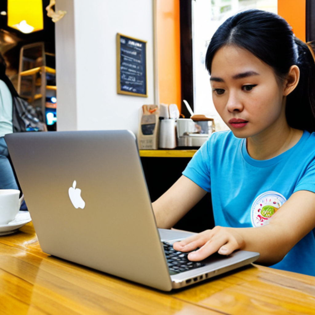 Careful Online Shopper**
A young Vietnamese woman, fully clothed in modest casual attire (jeans and a t-shirt), carefully reviewing her online shopping cart on a laptop in a brightly lit Hanoi cafe. She has a slightly skeptical expression. In the background, other patrons are enjoying coffee. Safe for work, appropriate content, professional, perfect anatomy, correct proportions, well-formed hands, proper finger count, natural body proportions, high quality.
**