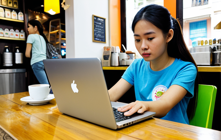 Careful Online Shopper**
A young Vietnamese woman, fully clothed in modest casual attire (jeans and a t-shirt), carefully reviewing her online shopping cart on a laptop in a brightly lit Hanoi cafe. She has a slightly skeptical expression. In the background, other patrons are enjoying coffee. Safe for work, appropriate content, professional, perfect anatomy, correct proportions, well-formed hands, proper finger count, natural body proportions, high quality.
**