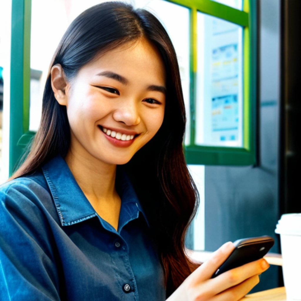 Friendly Mobile Banking App**
A Vietnamese woman in her late 20s, smiling as she uses a mobile banking app on her smartphone at a cafe in Hanoi. The app interface is clean, intuitive, and uses clear Vietnamese. She is easily paying a bill. The cafe background is bright and bustling, showing other young professionals. "safe for work", "appropriate content", "fully clothed", "professional", "modest", perfect anatomy, natural proportions, well-formed hands, proper finger count, natural body proportions, high quality, friendly user interface.
**