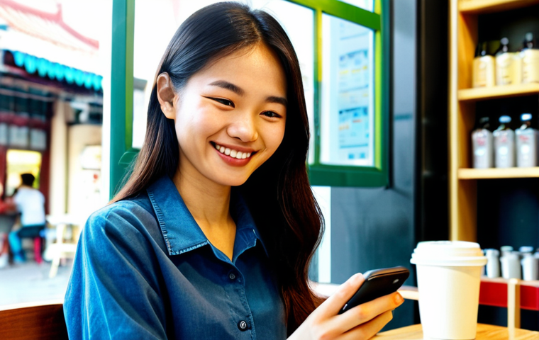 Friendly Mobile Banking App**
A Vietnamese woman in her late 20s, smiling as she uses a mobile banking app on her smartphone at a cafe in Hanoi. The app interface is clean, intuitive, and uses clear Vietnamese. She is easily paying a bill. The cafe background is bright and bustling, showing other young professionals. "safe for work", "appropriate content", "fully clothed", "professional", "modest", perfect anatomy, natural proportions, well-formed hands, proper finger count, natural body proportions, high quality, friendly user interface.
**