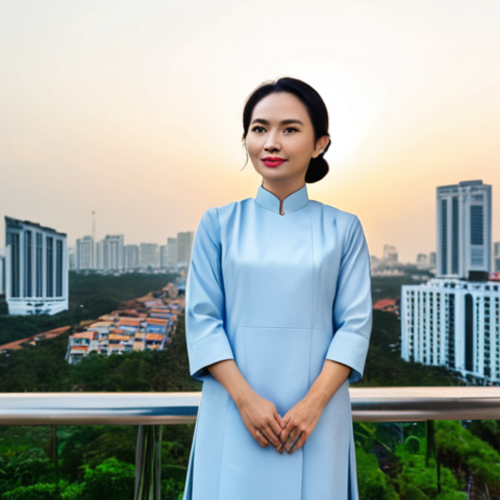 **
"A professional female architect stands confidently in front of a modern, sustainable building in Ho Chi Minh City, Vietnam. She's wearing a tailored, modest ao dai with contemporary styling and comfortable shoes. The background showcases the city's skyline at sunset, emphasizing eco-friendly designs. Perfect anatomy, correct proportions, natural pose, well-formed hands, proper finger count, safe for work, appropriate content, fully clothed, professional, family-friendly, high quality."
**