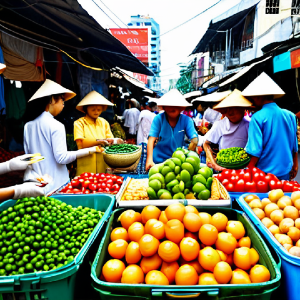 **
"A bustling scene at Ben Thanh Market in Ho Chi Minh City, Vietnam. Vendors in traditional Ao Dai are selling colorful fruits, vegetables, and handicrafts. Focus on the vibrant colors and the energy of the market. Daytime, sunny weather, lots of people, safe for work, appropriate content, fully clothed, professional, modest, family-friendly, perfect anatomy, correct proportions, natural pose, well-formed hands, proper finger count, natural body proportions, high quality."
**