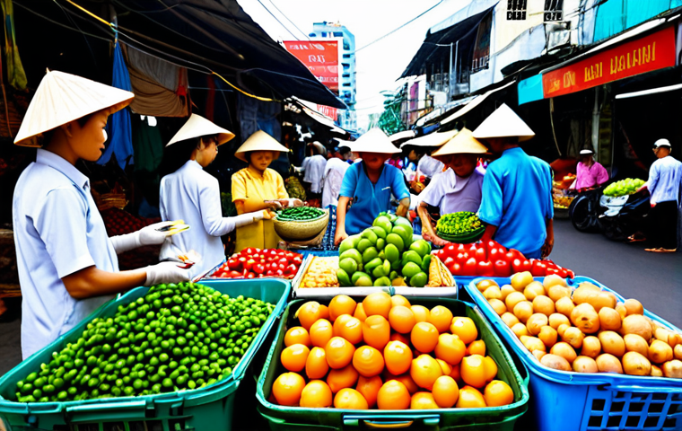 **
"A bustling scene at Ben Thanh Market in Ho Chi Minh City, Vietnam. Vendors in traditional Ao Dai are selling colorful fruits, vegetables, and handicrafts. Focus on the vibrant colors and the energy of the market. Daytime, sunny weather, lots of people, safe for work, appropriate content, fully clothed, professional, modest, family-friendly, perfect anatomy, correct proportions, natural pose, well-formed hands, proper finger count, natural body proportions, high quality."
**
