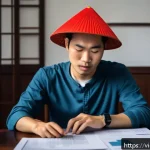 Home 23 다크패턴의 발견 및 분석 도구 - A detailed digital illustration of a frustrated Vietnamese user sitting at a desk, interacting with ...